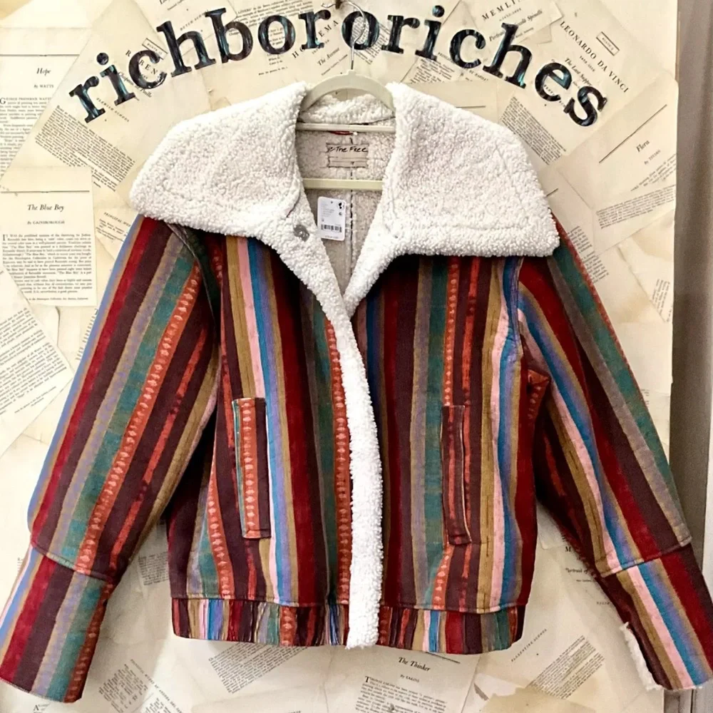 Free People We The Free Corrigan Cozy Cord Jacket Rainbow Stripe Faux Sherpa - Picture 5 of 7